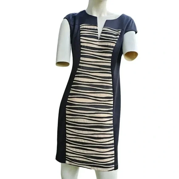 Connected Apparel Printed Contrast Sheath Dress Size 4P Black and Cream - Picture 3 of 5